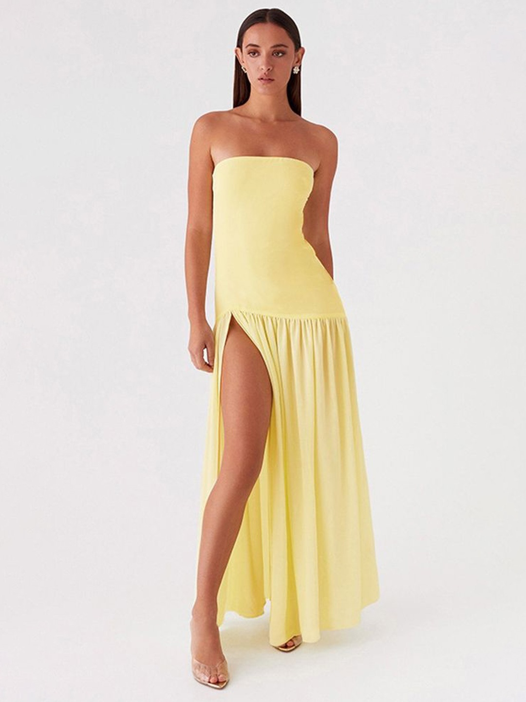 

LULU & SKY Women Solid Off-Shoulder Maxi Dress, Yellow