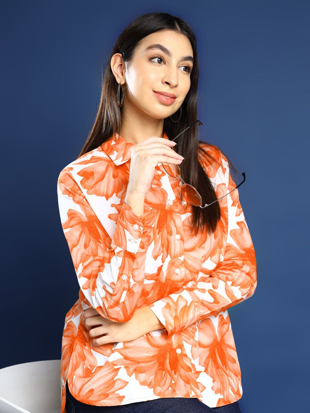 

Hancock Women Floral Printed Opaque Boyfriend Fit Pure Cotton Casual Shirt, Orange