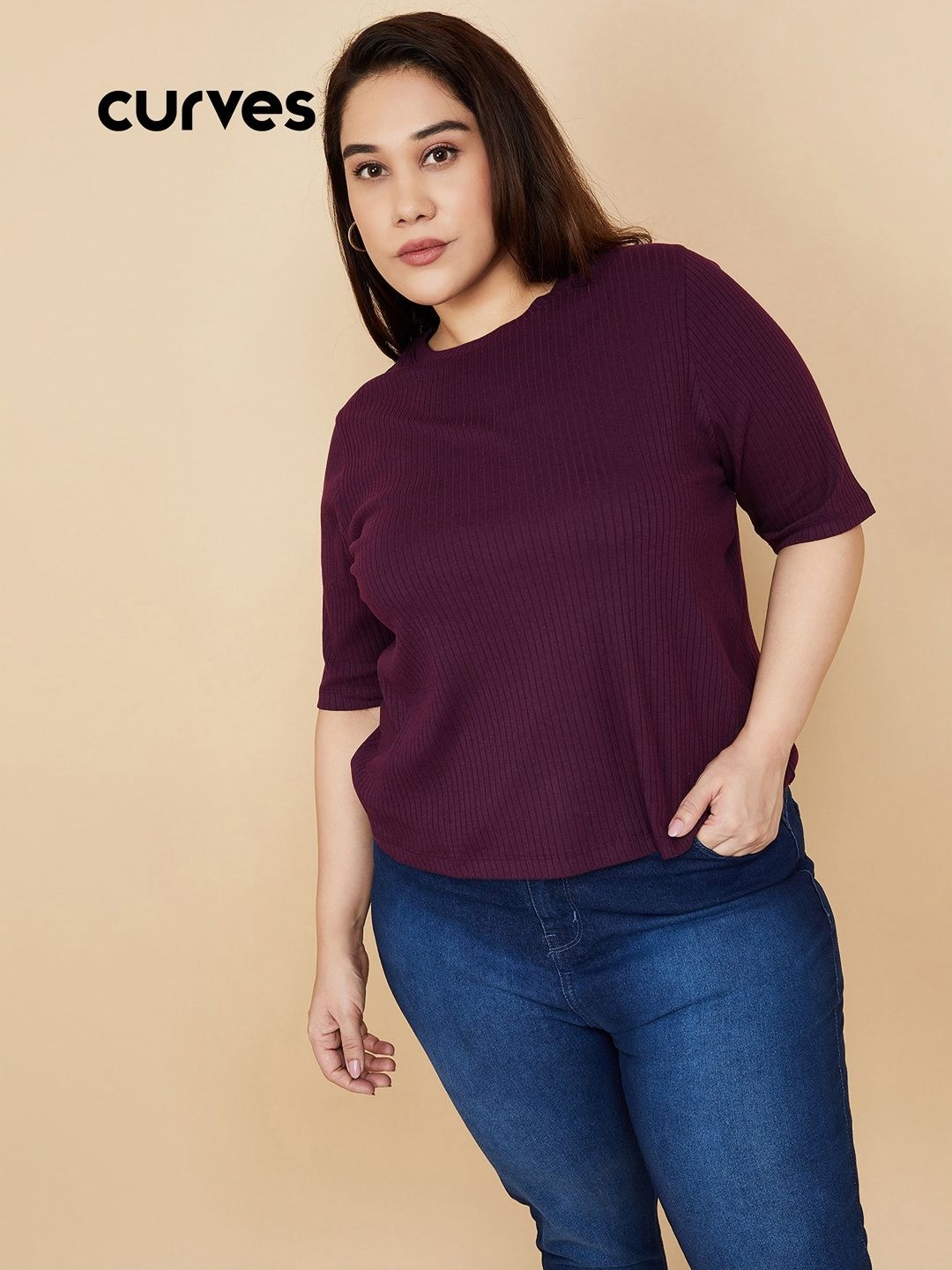 

max Women Self Design Round Neck Cotton T-shirt, Purple