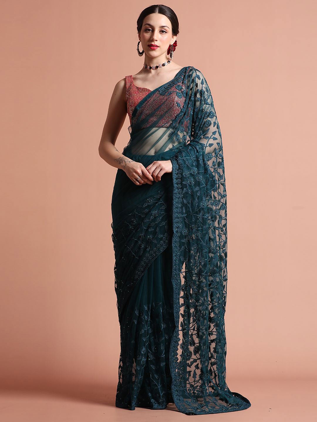 

Jaipur Kurti Party Wear Floral Embroidered Net Saree, Teal