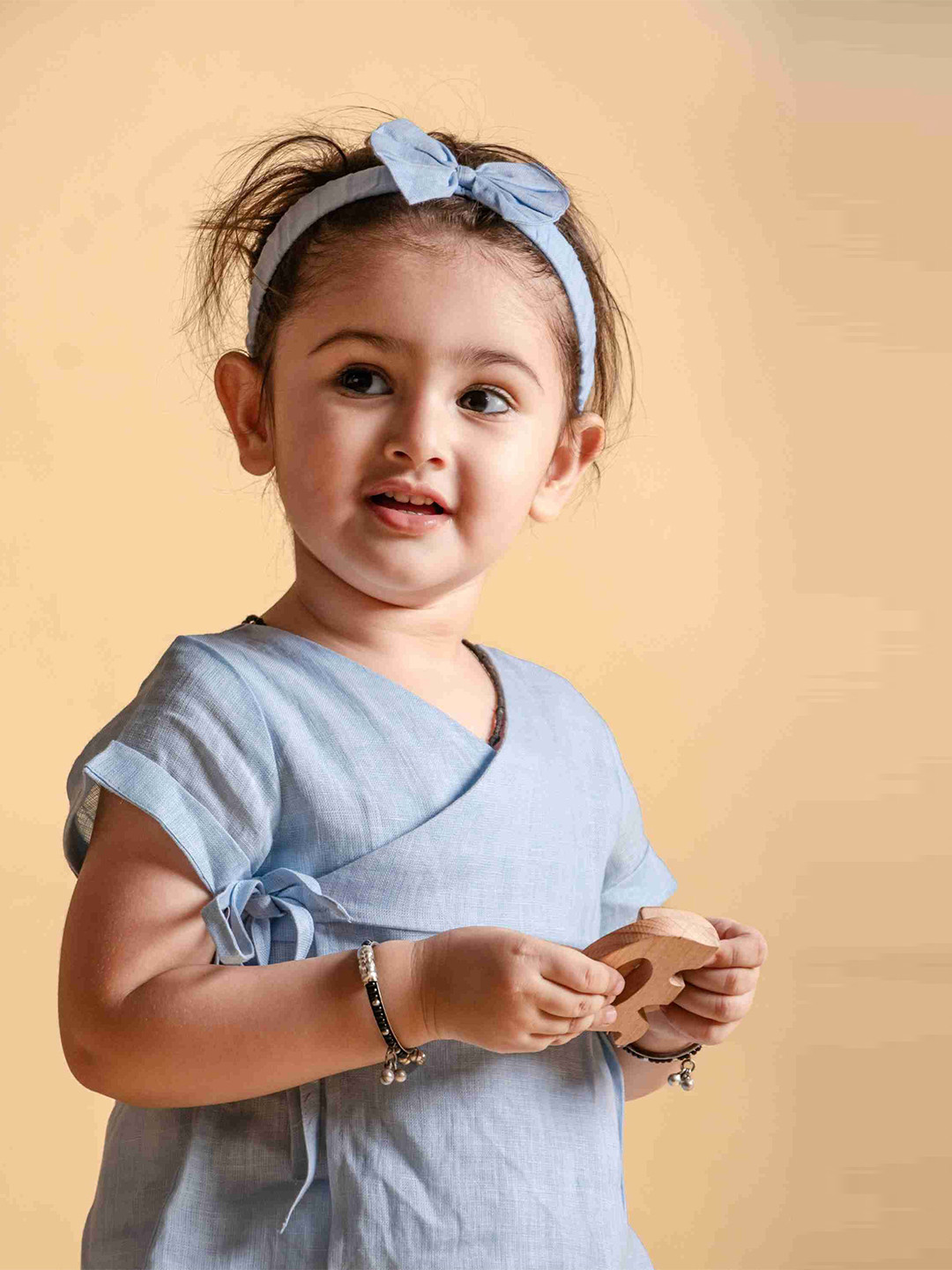

TWEENY MINI Infant Girls Pure Linen Wrap Style Summer Dress with Bloomer & Headband, Blue