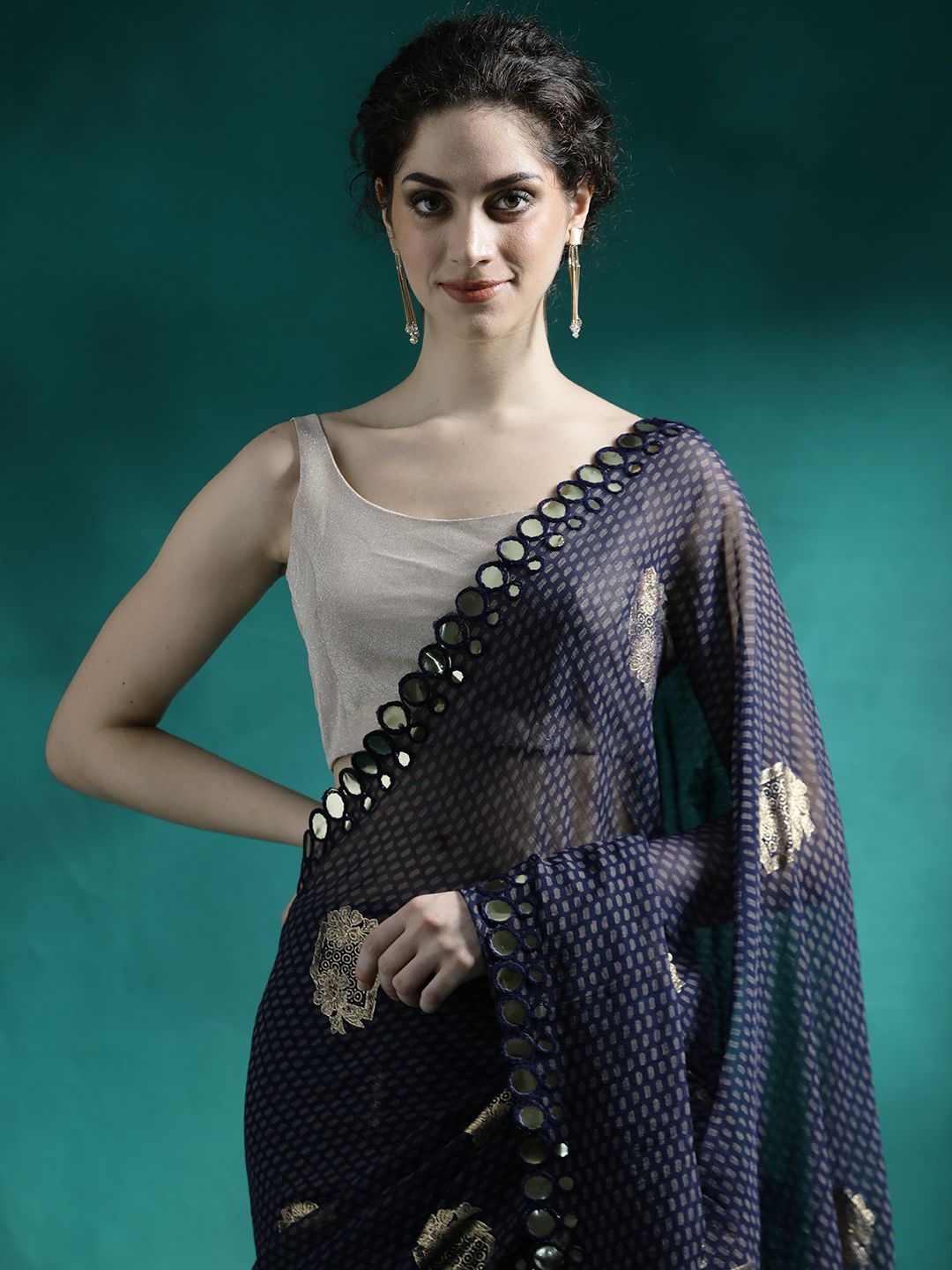 

Sangria Foil Printed Sarees With Blouse Piece, Navy blue