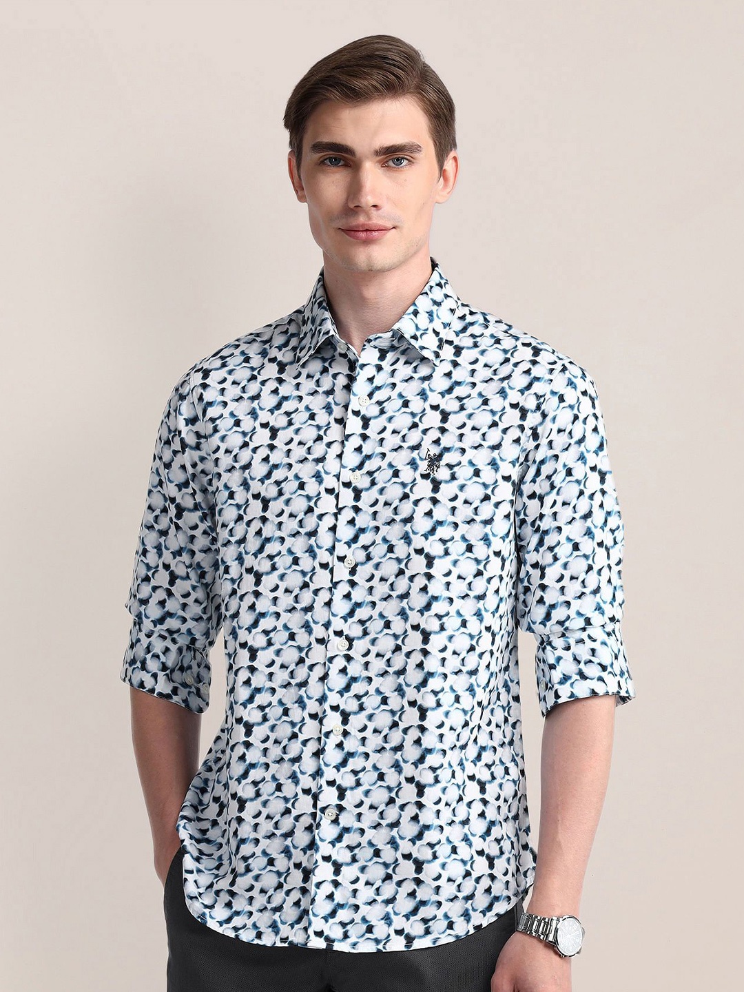 

U.S. Polo Assn. Men Printed Abstract Pure Cotton Shirt, Blue