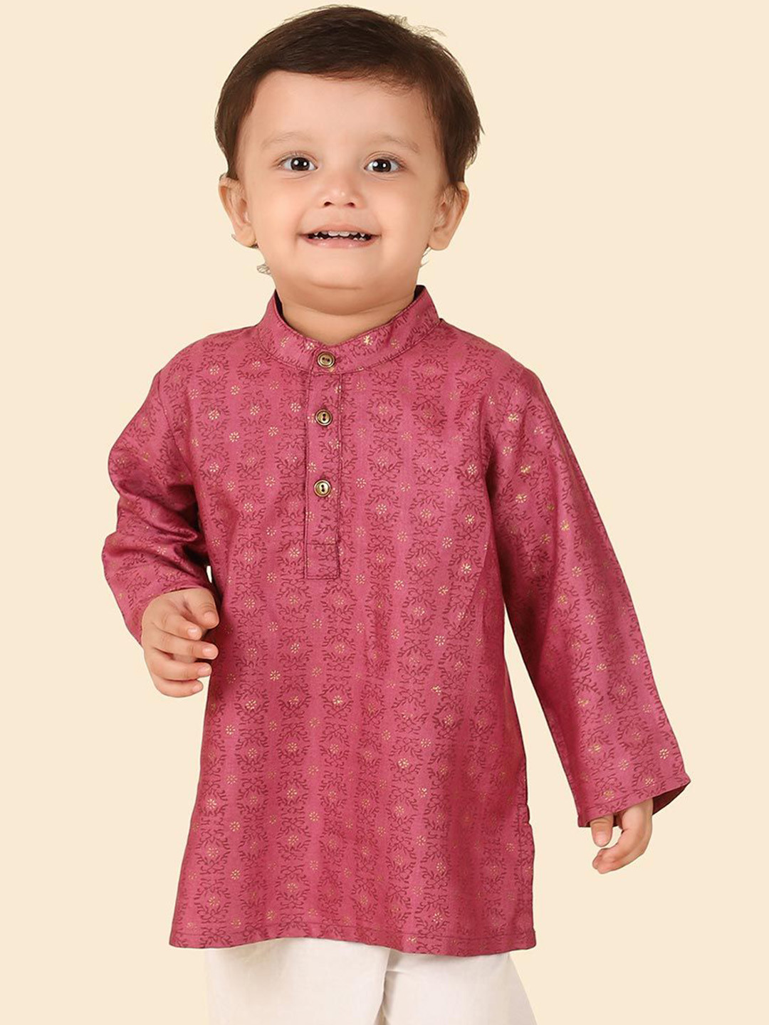 

Fabindia Boys Ethnic Motifs Printed Band Collar Straight Kurta, Purple