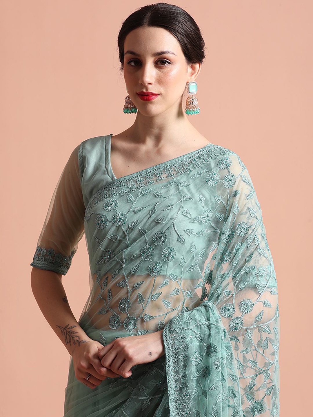 

Jaipur Kurti Party Wear Floral Embroidered Net Saree, Teal