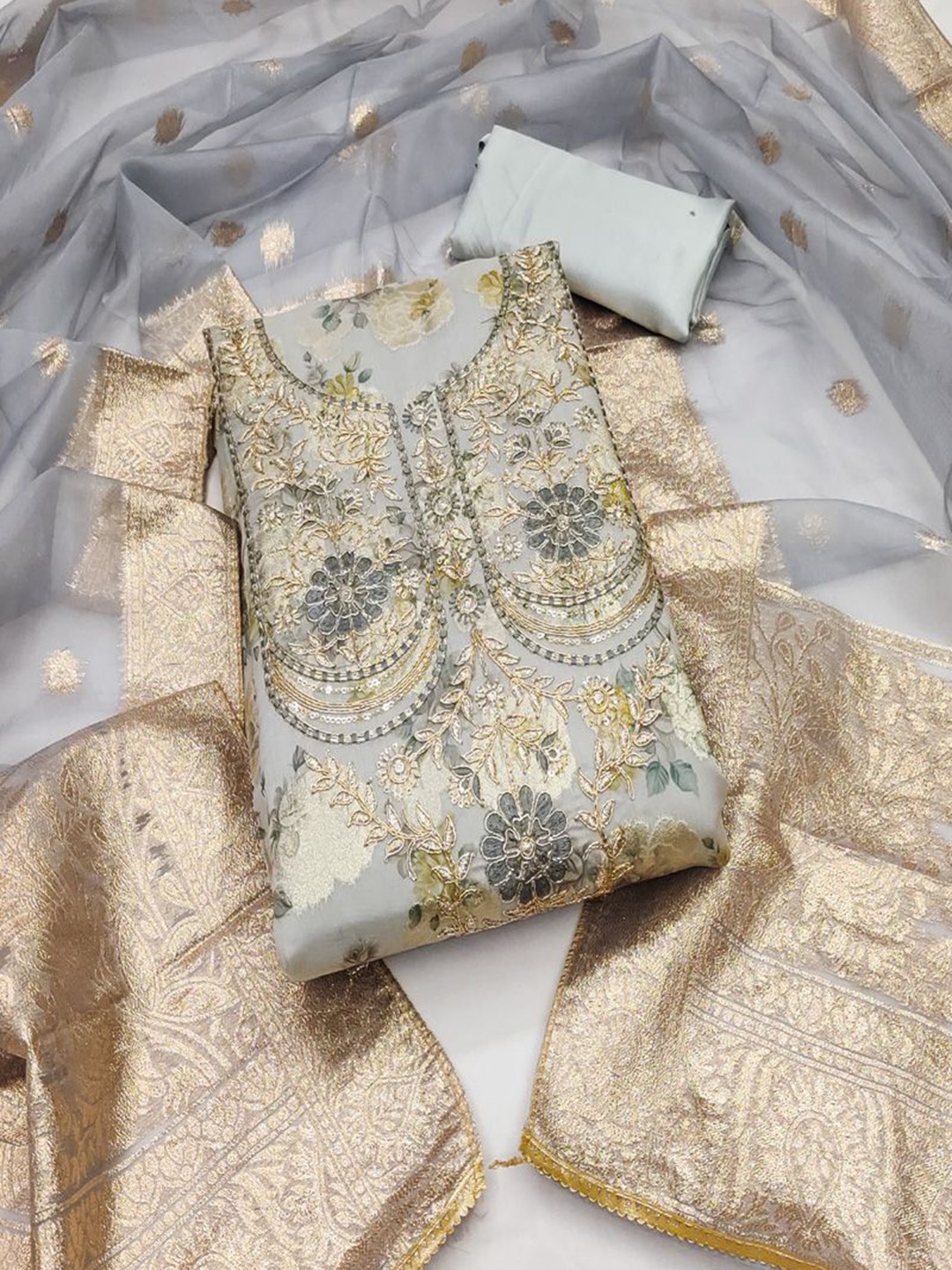 

ASISA Floral Embroidered Beads and Stones Art Silk Unstitched Dress Material, Grey