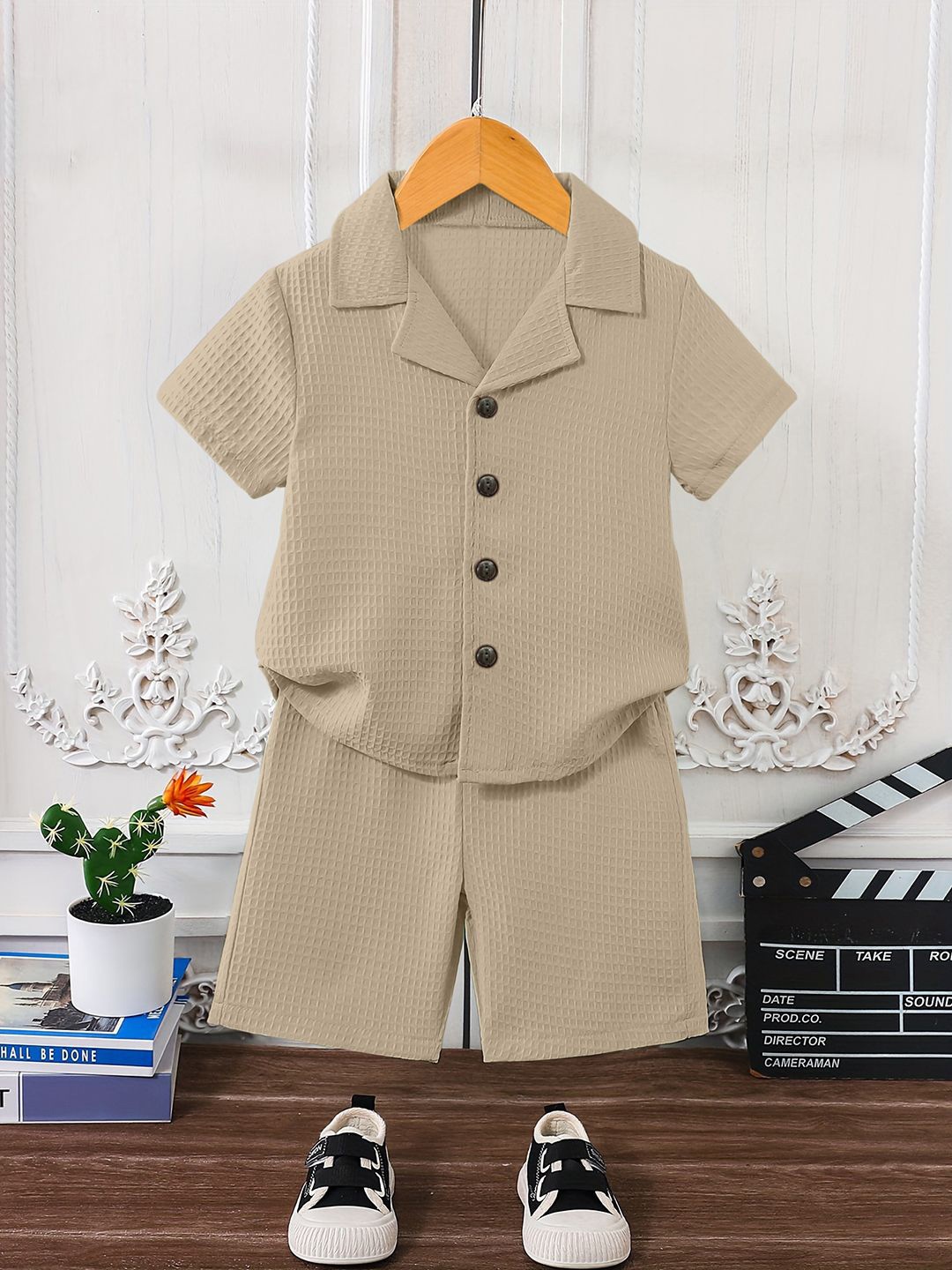 

OMPAX Boys Self Design Cuban Collar Shirt With Shorts, Beige