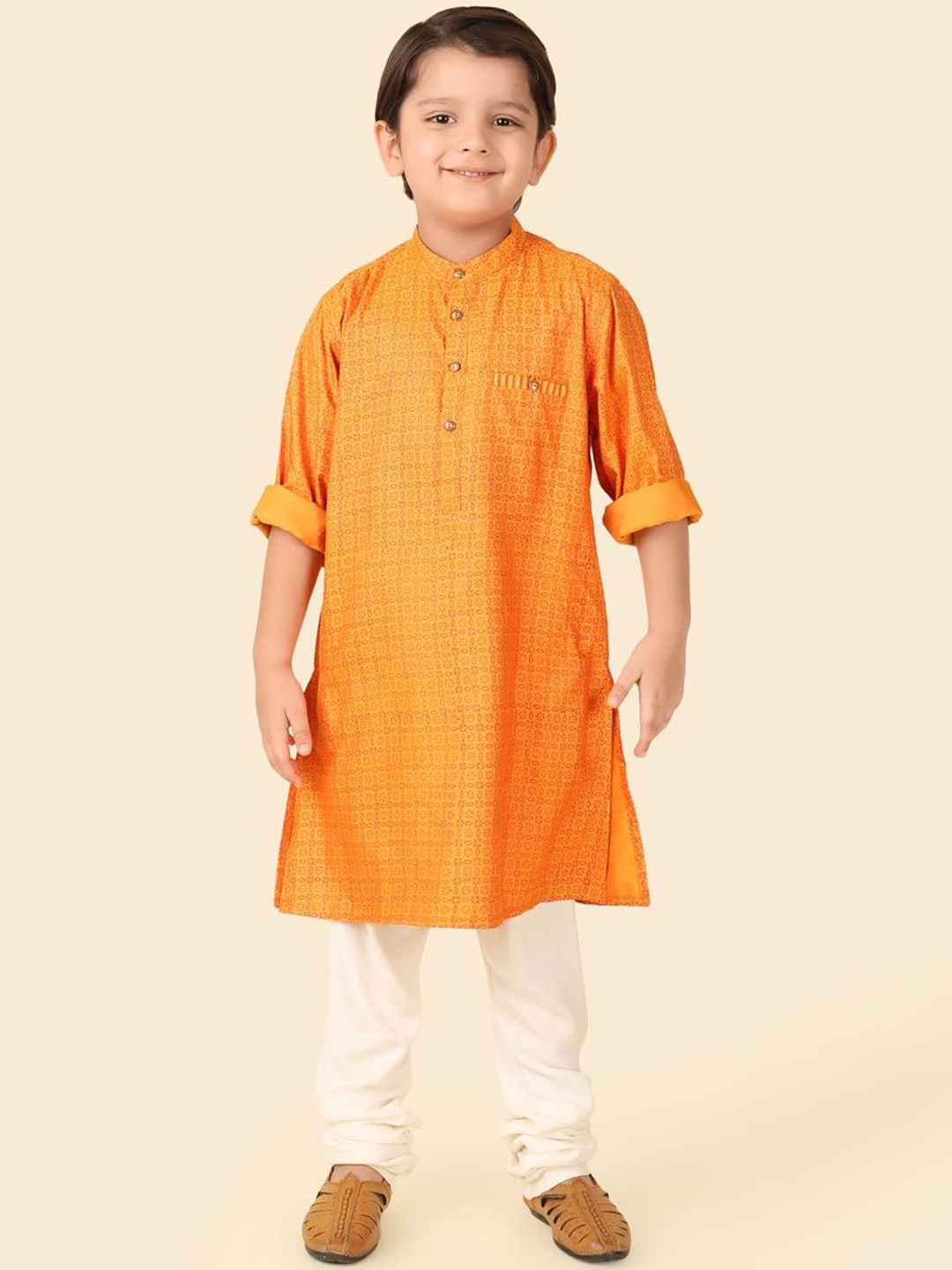 

Fabindia Boys Floral Printed Band Collar Straight Kurta, Orange