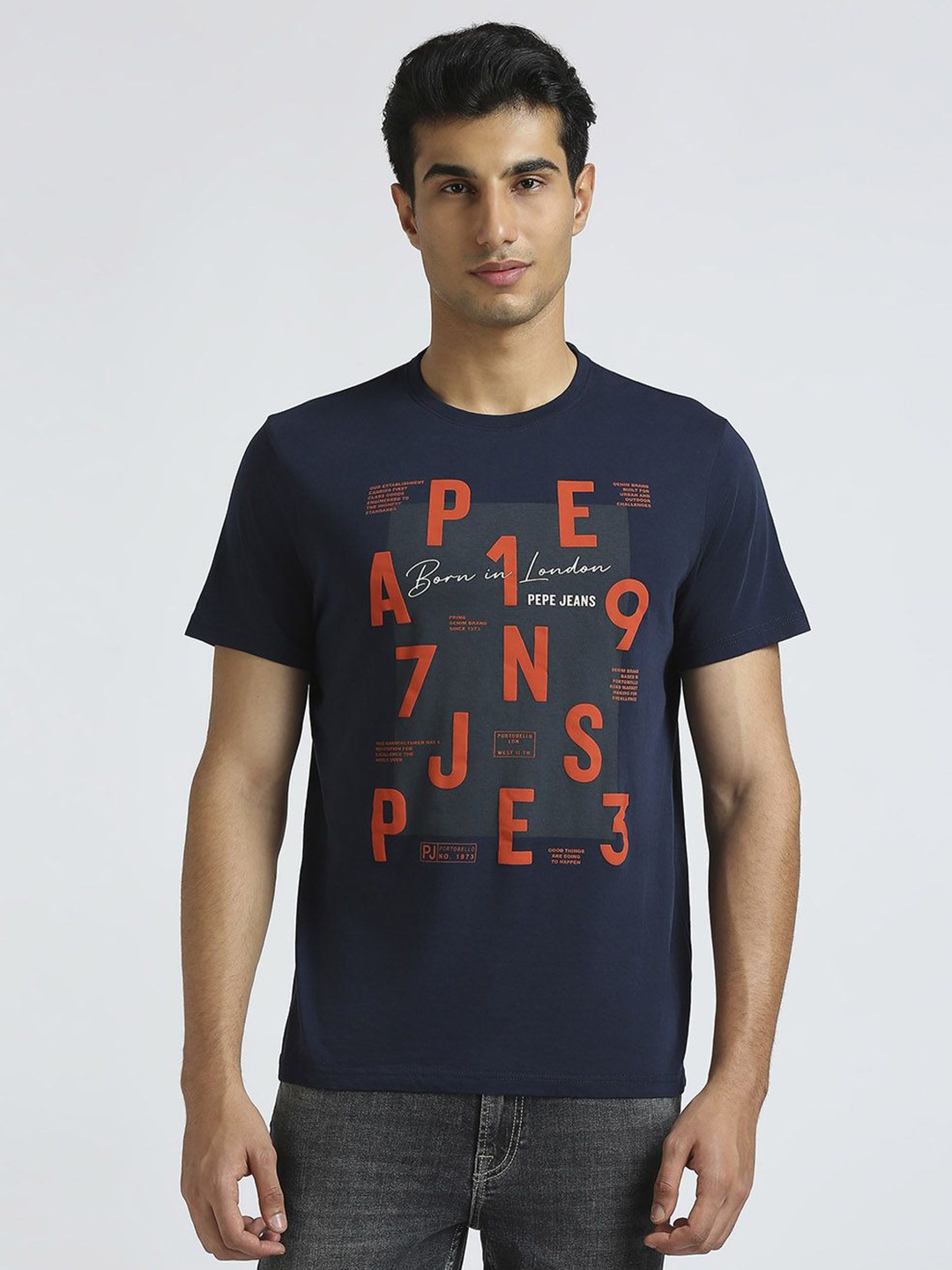 

Pepe Jeans Men Typography Printed Round Neck Cotton Slim Fit T-shirt, Blue