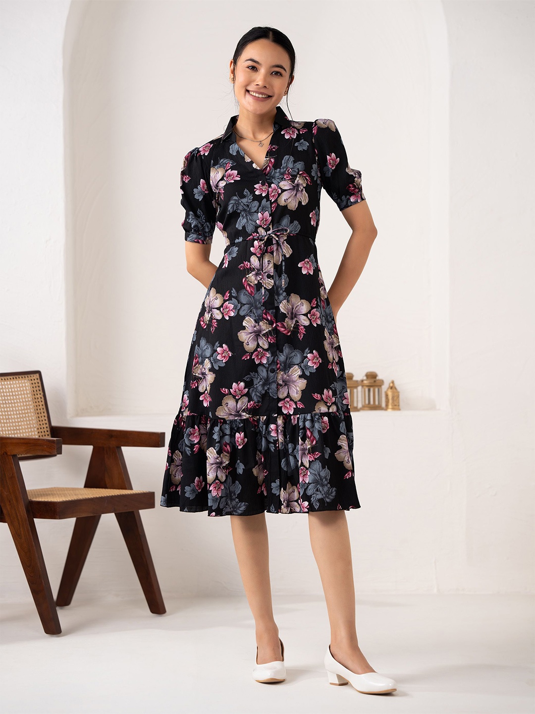 

AASK Floral Printed Fit & Flare Dress, Black