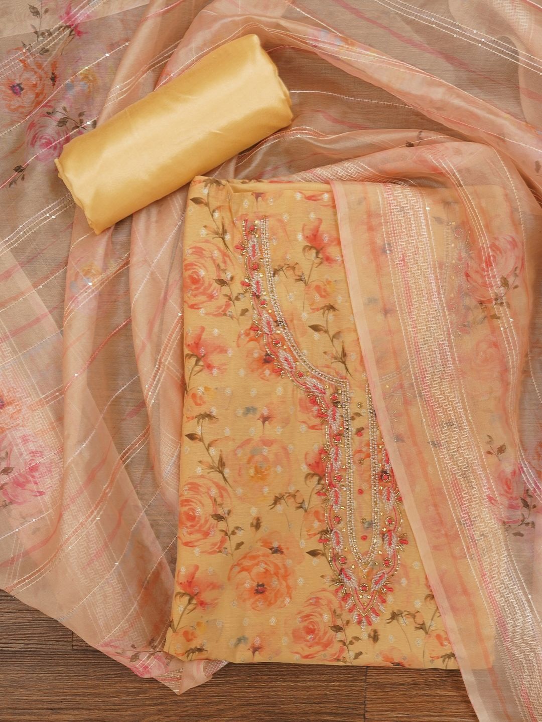 

Jaipur Kurti Floral Printed Silk Zari Woven Dress Material with Dupatta, Beige