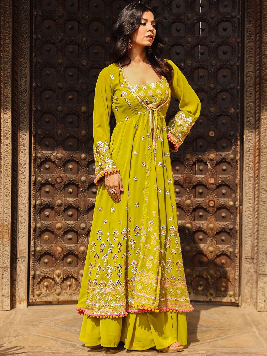 

Juniper Geometric Embroidered Sequinned A-Line Kurta With Palazzos & Shrug, Green