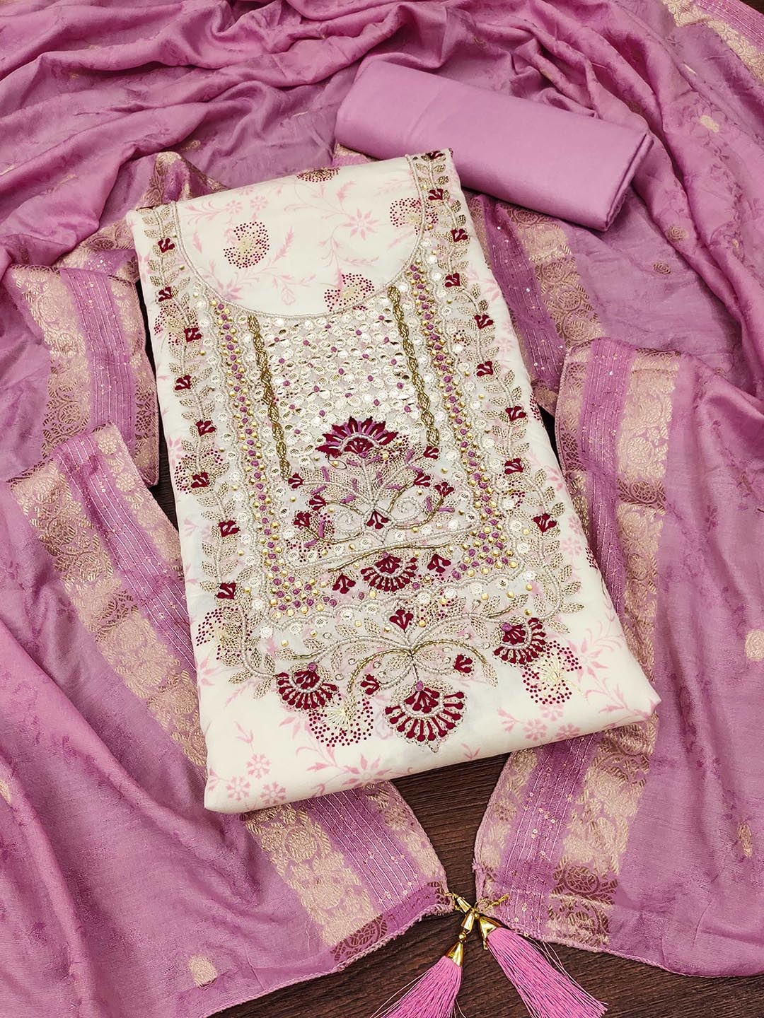 

Maroosh Beads and Stones Embellished Unstitched Dress Material, Off white