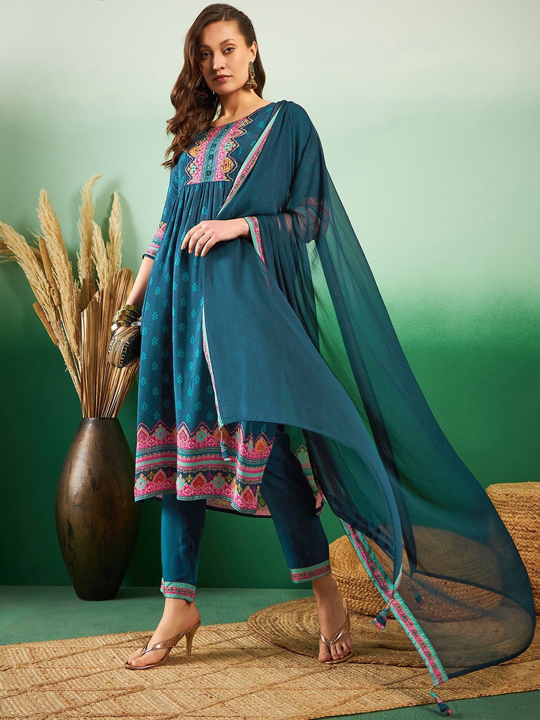 

Sangria Ethnic Motifs Printed With Embroidered A-Line Kurta With Trousers & Dupatta, Teal