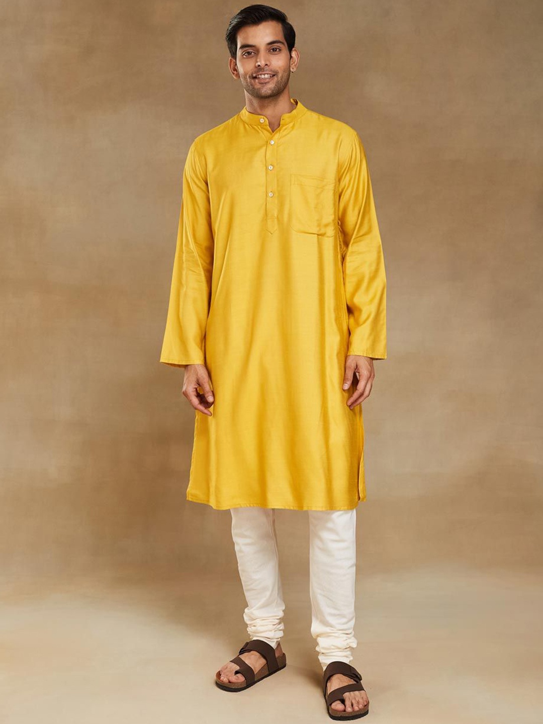 

Fabindia Band Collar Slim Fit Straight Kurta, Yellow