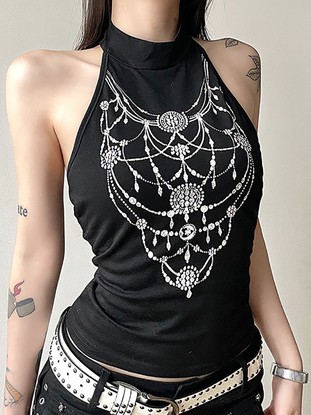 

StyleCast x Revolte Women Graphic Printed Halter Neck Top, Black