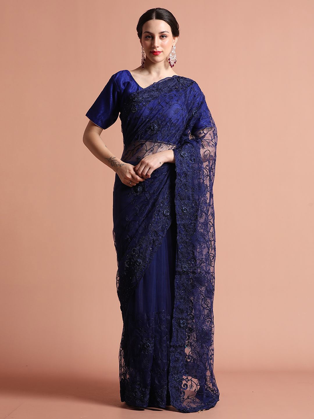 

Jaipur Kurti Embroidered Net Party Wear Saree, Navy blue