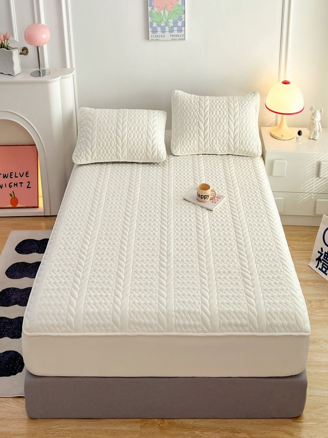 

JC HOME White Striped 150 TC Single Fitted Bedsheet With Pillow Cover