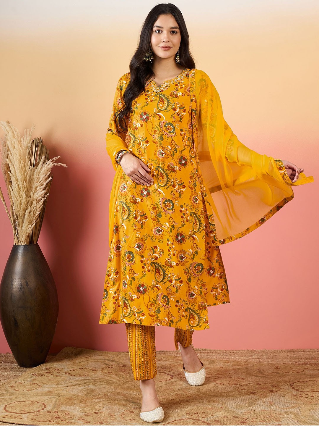 

KALINI Floral Printed Thread Work Straight Kurta With Palazzos & Dupatta, Mustard