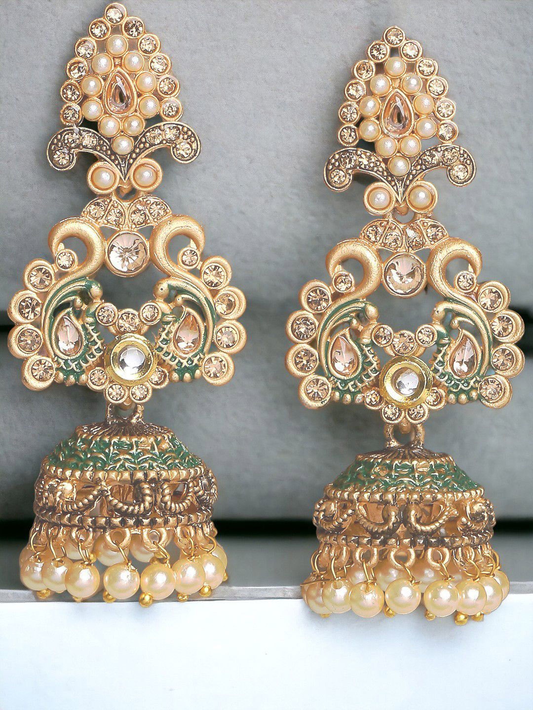 

Anouk Peacock Shaped Kundan Studded Meenakari Jhumkas, Gold