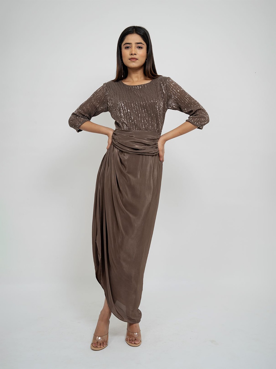 

AFFAIRE'S BY LEVELL5 Women Round Neck Long Sleeees Maxi Dress, Bronze