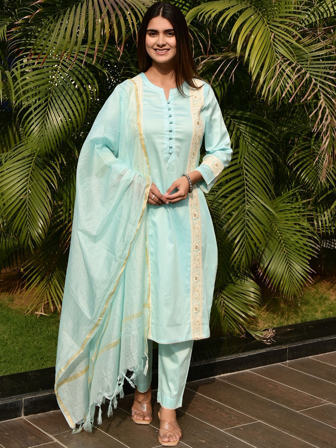 

FUBAR Embroidered Pure Cotton Kurta With Trousers & Dupatta, Blue