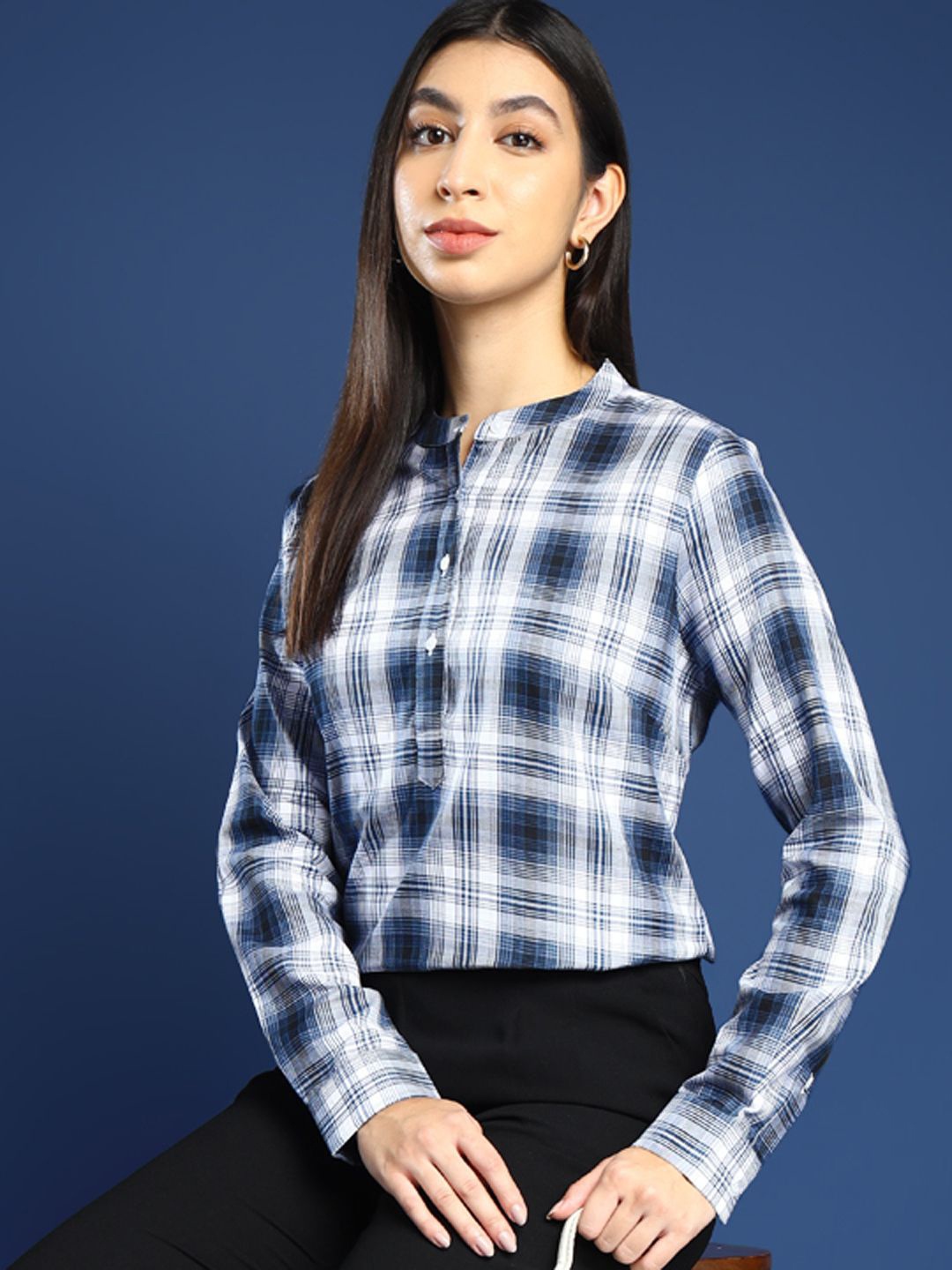 

Hancock Tartan Checked Mandarin Collar Pure Cotton Formal Top, Navy blue
