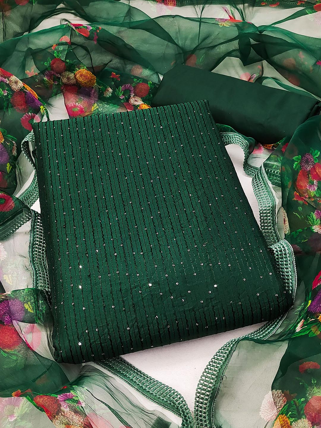 

Maroosh Striped Embroidered Unstitched Dress Material, Green
