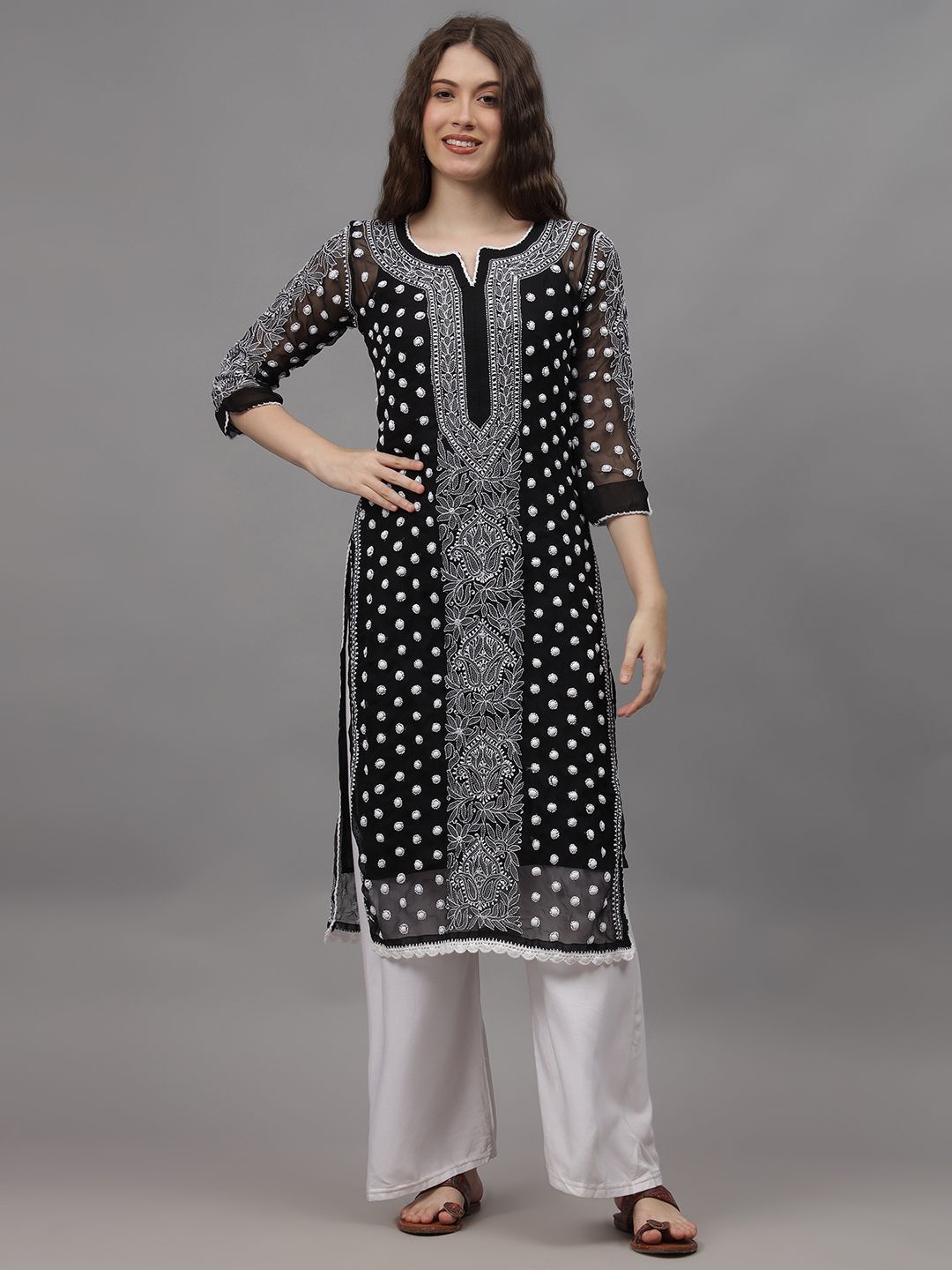 

Seva Chikan Ethnic Motifs Embroidered Chikankari Georgette Straight Kurta, Black