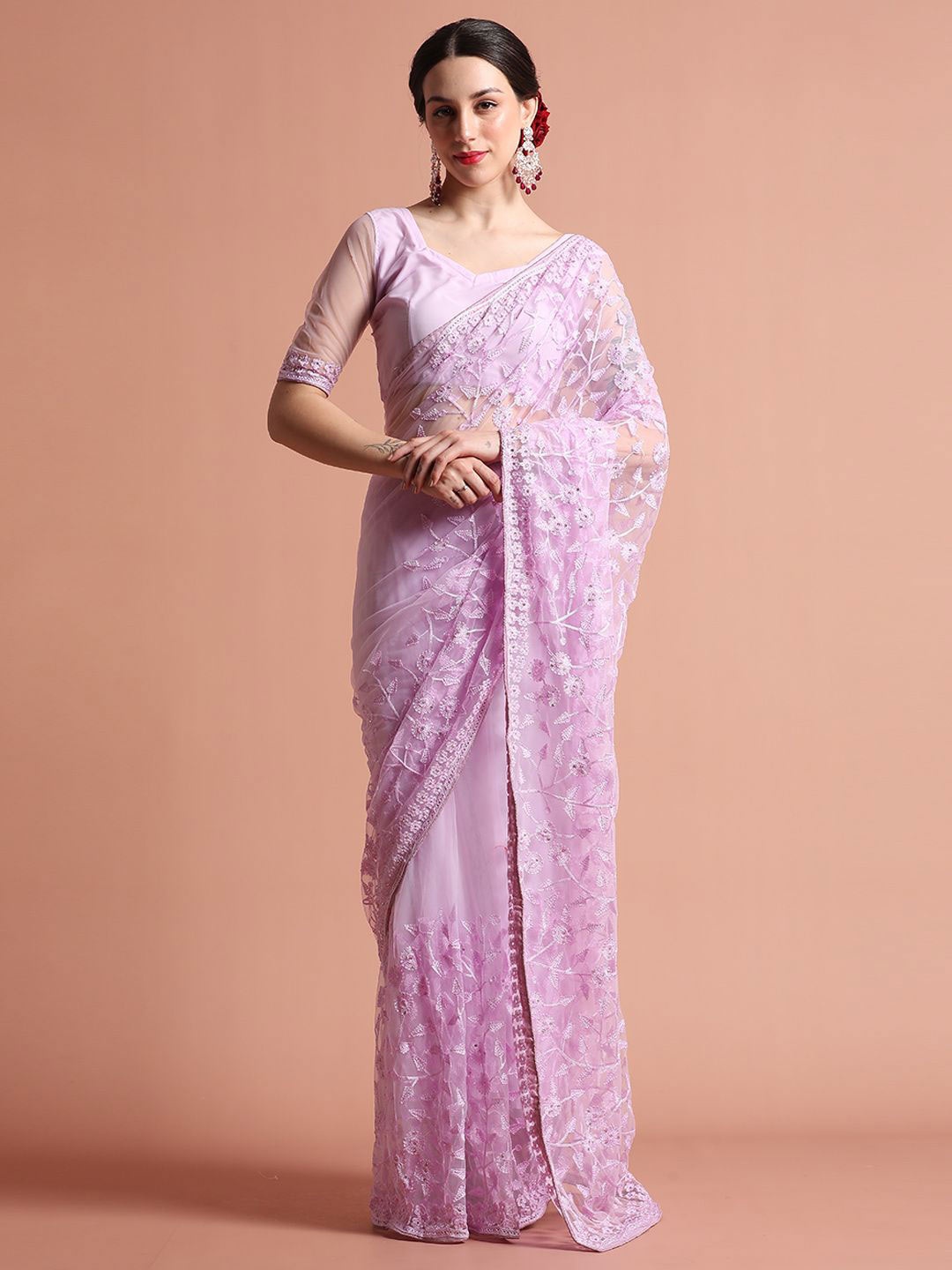 

Jaipur Kurti Floral Embroidered Saree, Lavender