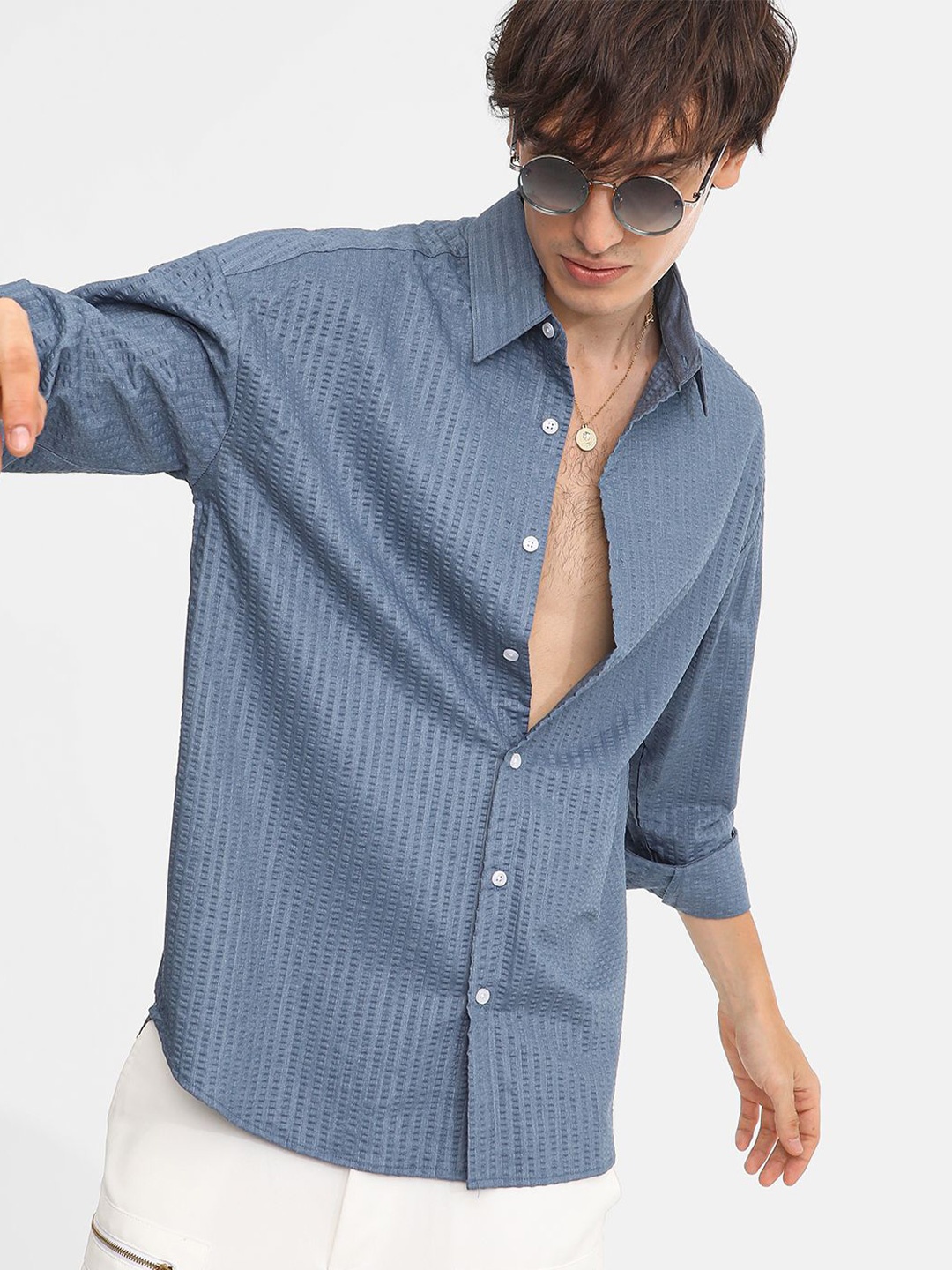 

Campus Sutra Men Comfort Spread Collar Popcorn Texture Cotton Oversized Casual Shirt, Blue