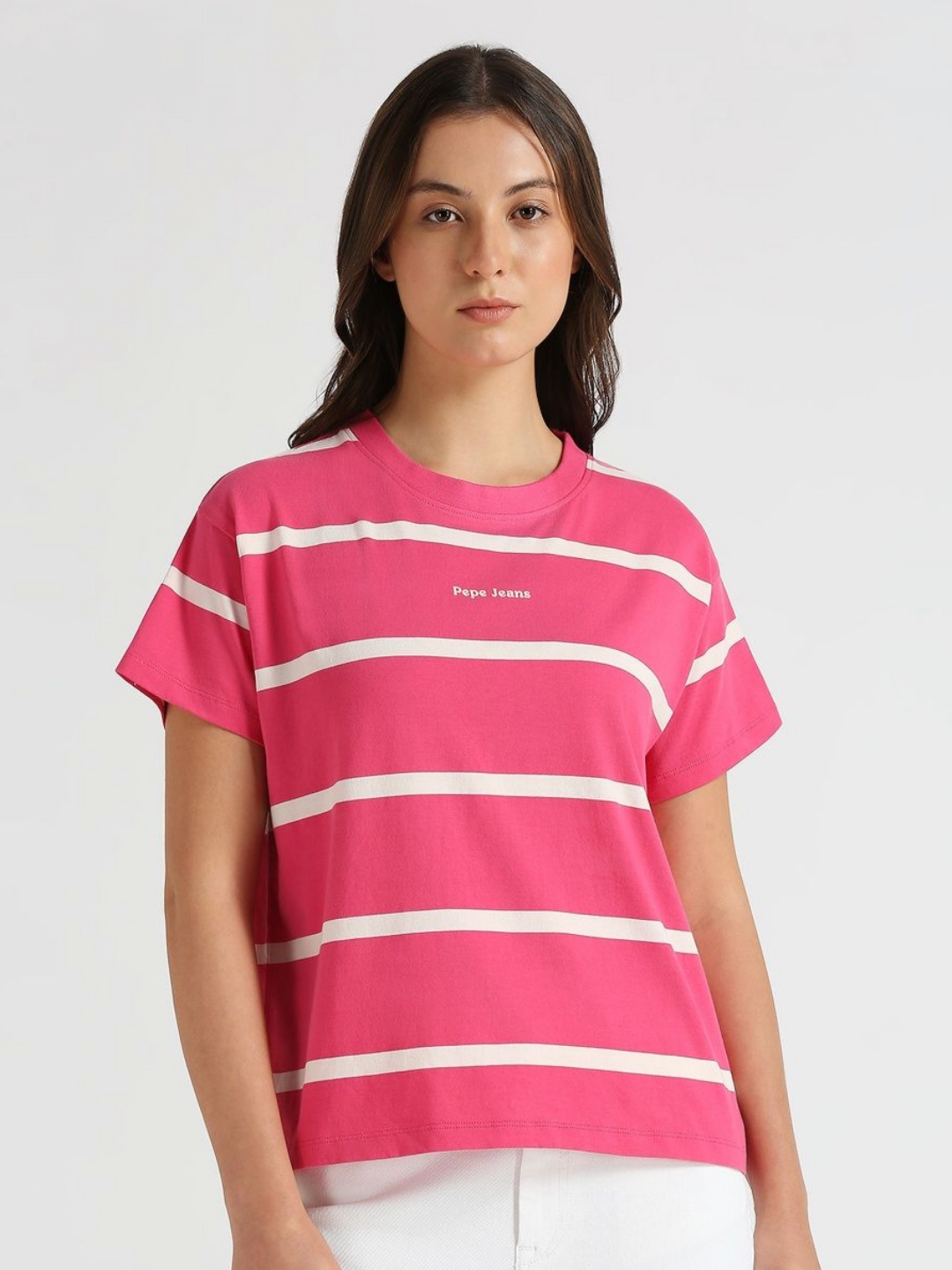 

Pepe Jeans Women Striped Round Neck Pure Cotton Relaxed Fit T-shirt, Pink