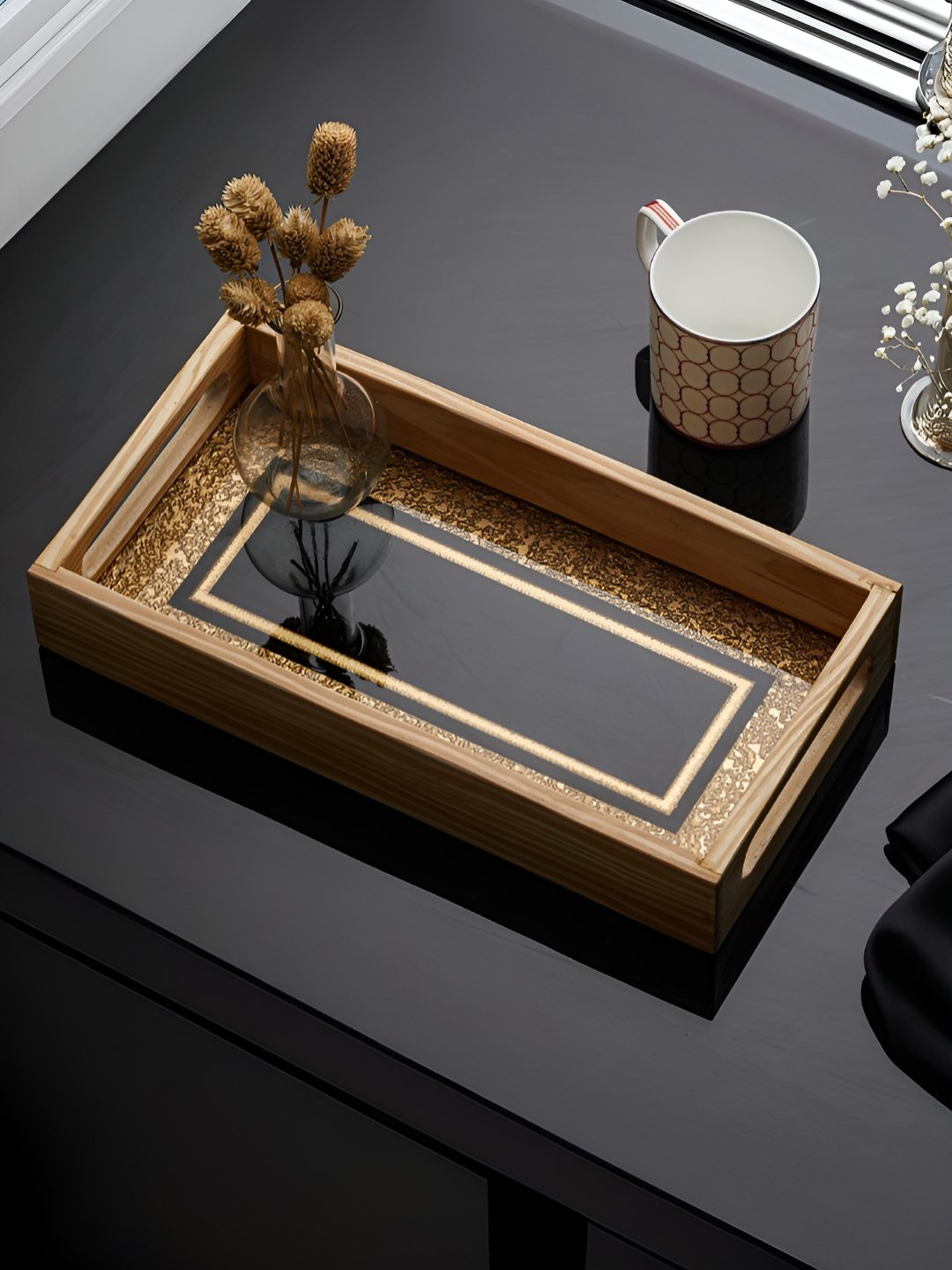 

Troveas Gold-Toned & Black Wood Dishwasher Safe Serving Tray