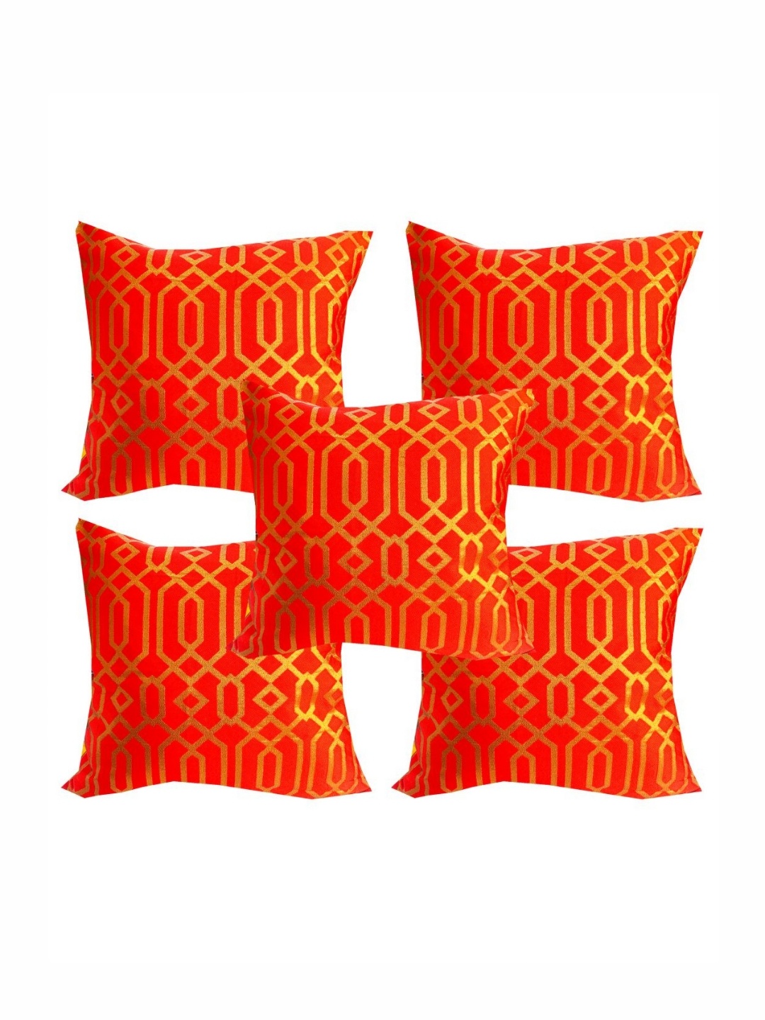 

Pink Parrot Orange Coloured & Gold-Toned 5 Pieces Geometric Printed Square Cushion Covers