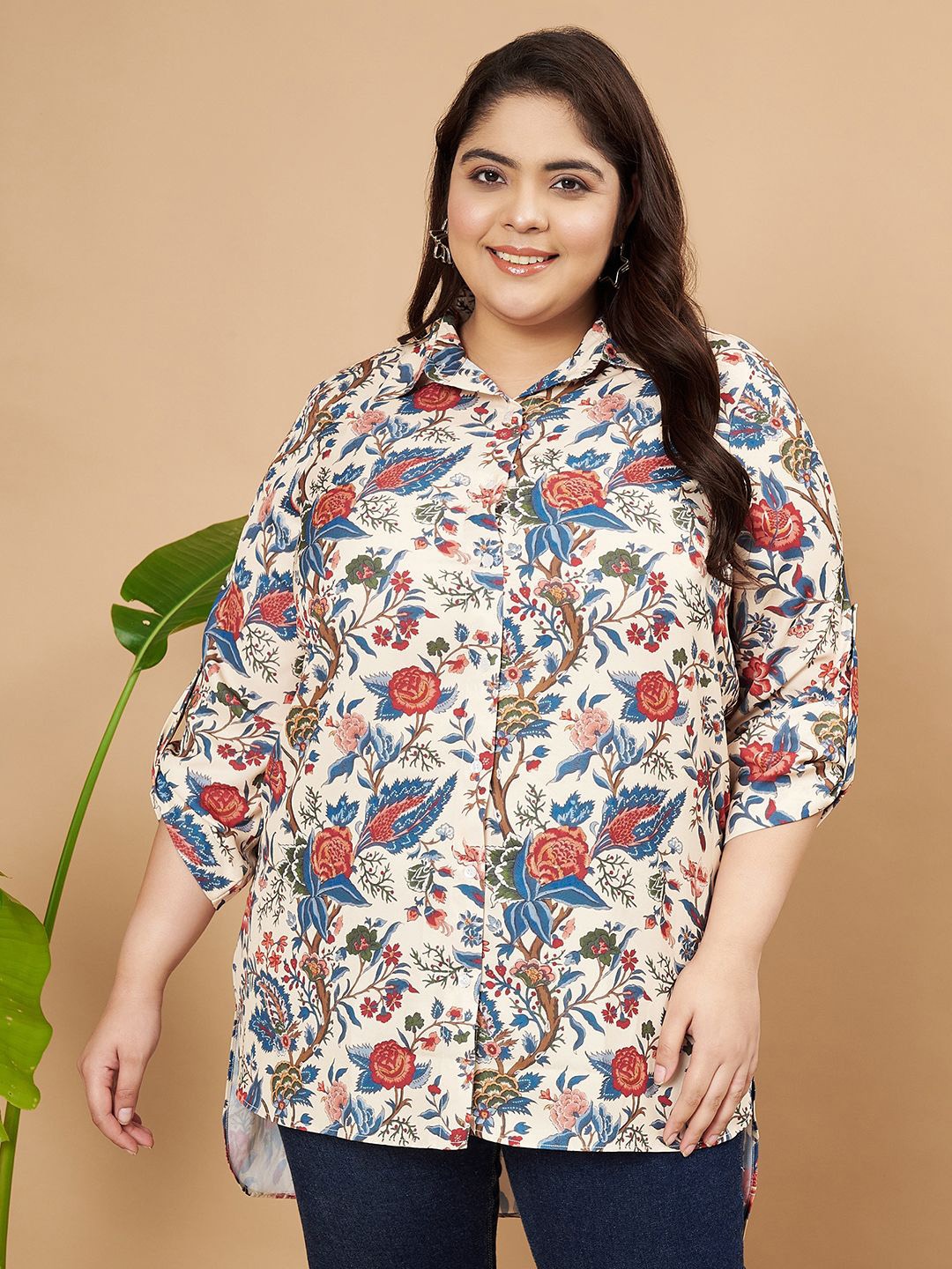 

MOOBA Women Classic Built-Up Collar Floral Printed Casual Plus Size Shirt, Beige