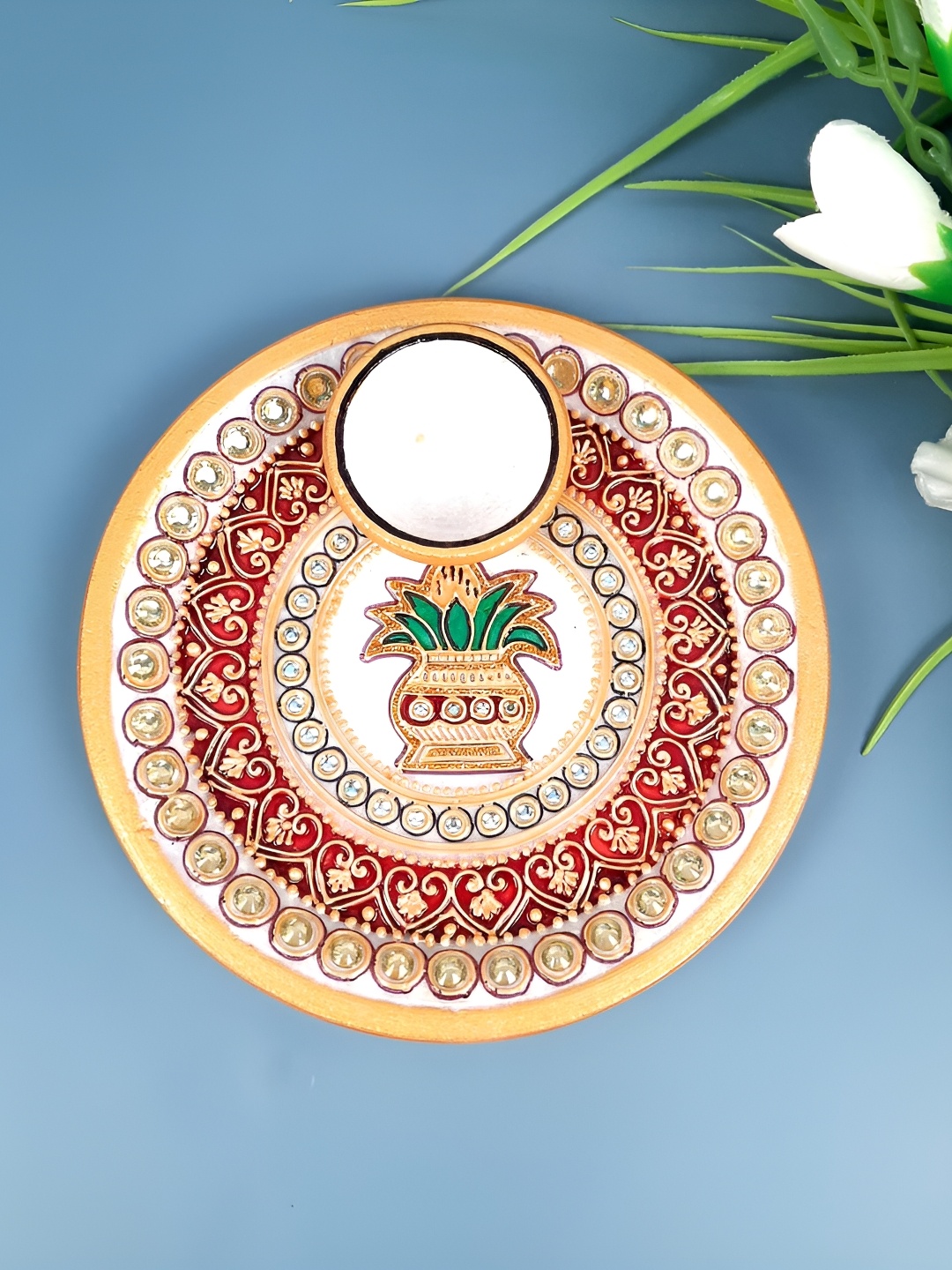 

apka mart Red & Yellow Textured Marble Pooja Thali With Diya