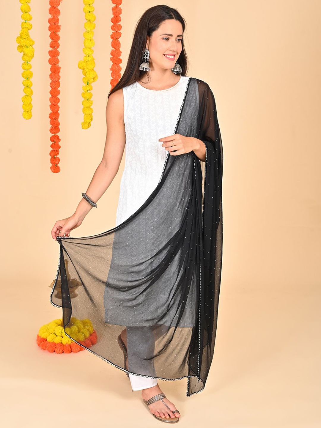 

HELLA FASHIONS Polka Dots Printed Chiffon Dupatta, Black
