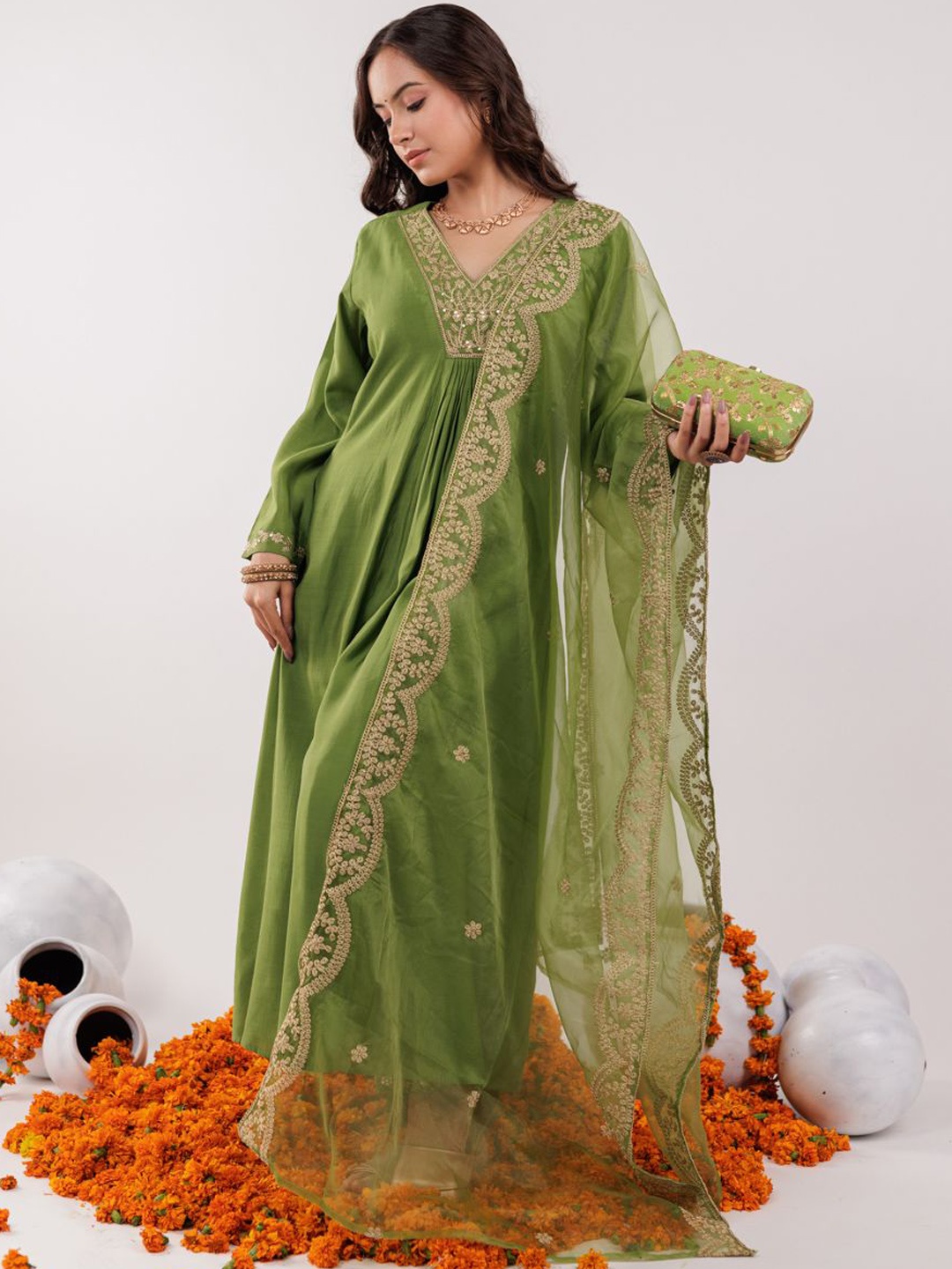 

Yufta Green Floral Yoke Design Embroidered V-Neck Zari A-Line Kurta With Trouser & Dupatta