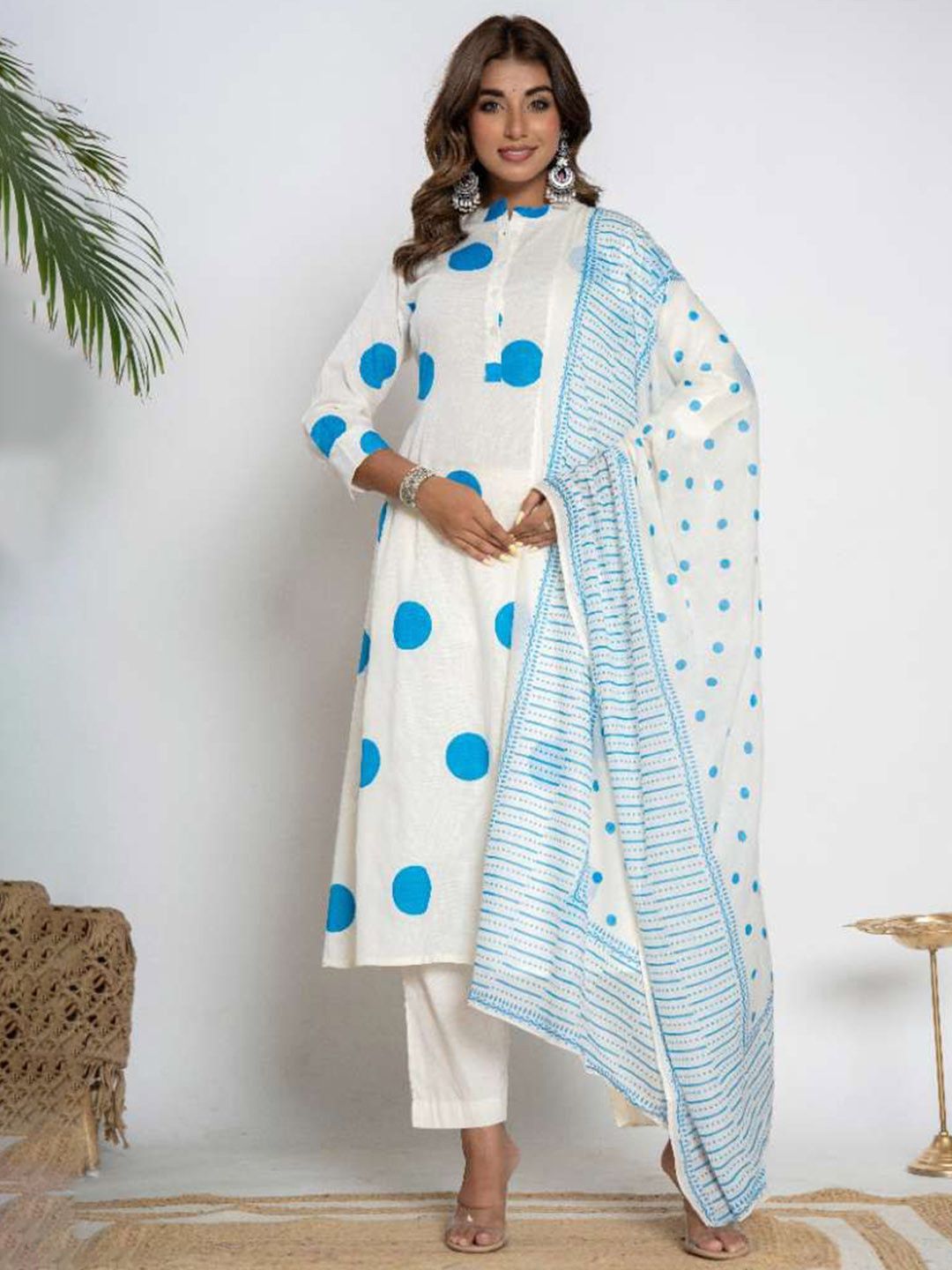 

DIZON Geometric Printed Mandarin Collar Pure Cotton Anarkali Kurta With Trousers & Dupatta, Turquoise blue