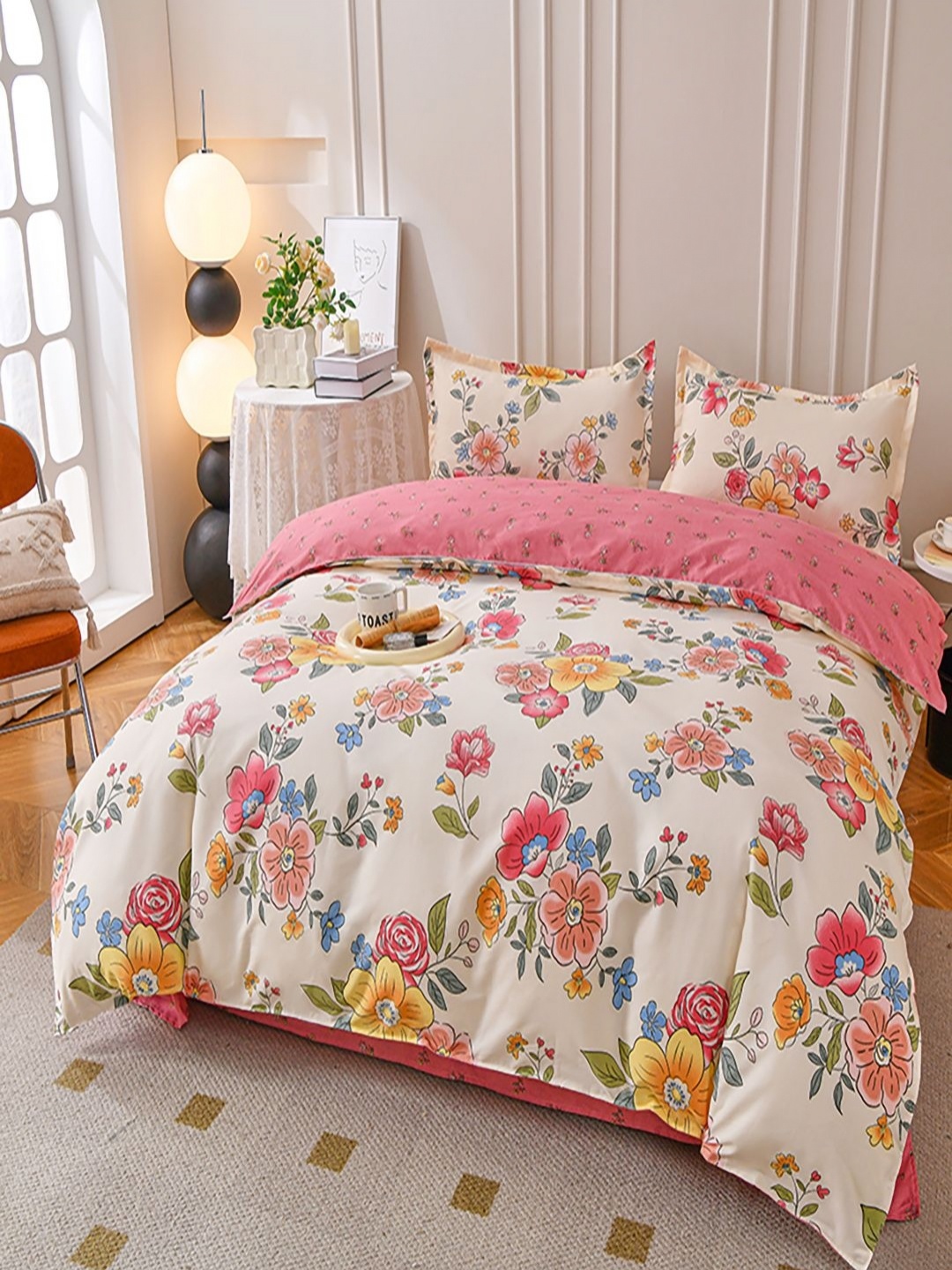 

JC HOME Pink & White Floral Polycotton 3 Piece Single Regular Bedding Set