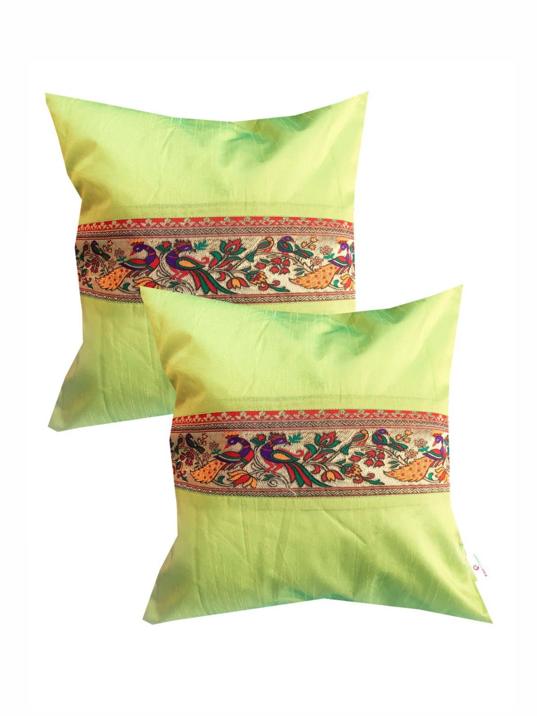 

Pink Parrot Green & Red 2 Pieces Ethnic Motifs Zari Work Square Cushion Covers