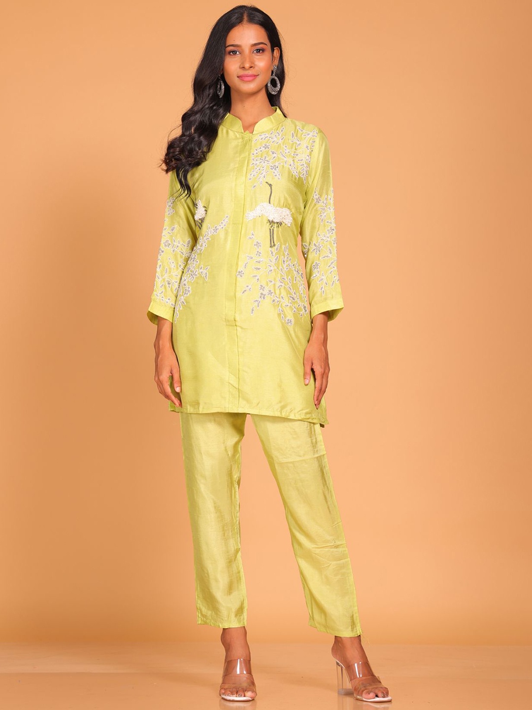 

Morchari Floral Embroidered Pure Silk Tunic with Trousers, Yellow