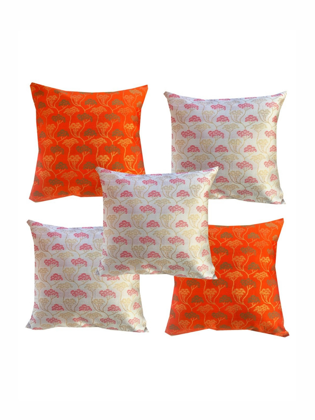

Pink Parrot White & Orange 5 Pieces Ethnic Motifs Square Cushion Covers