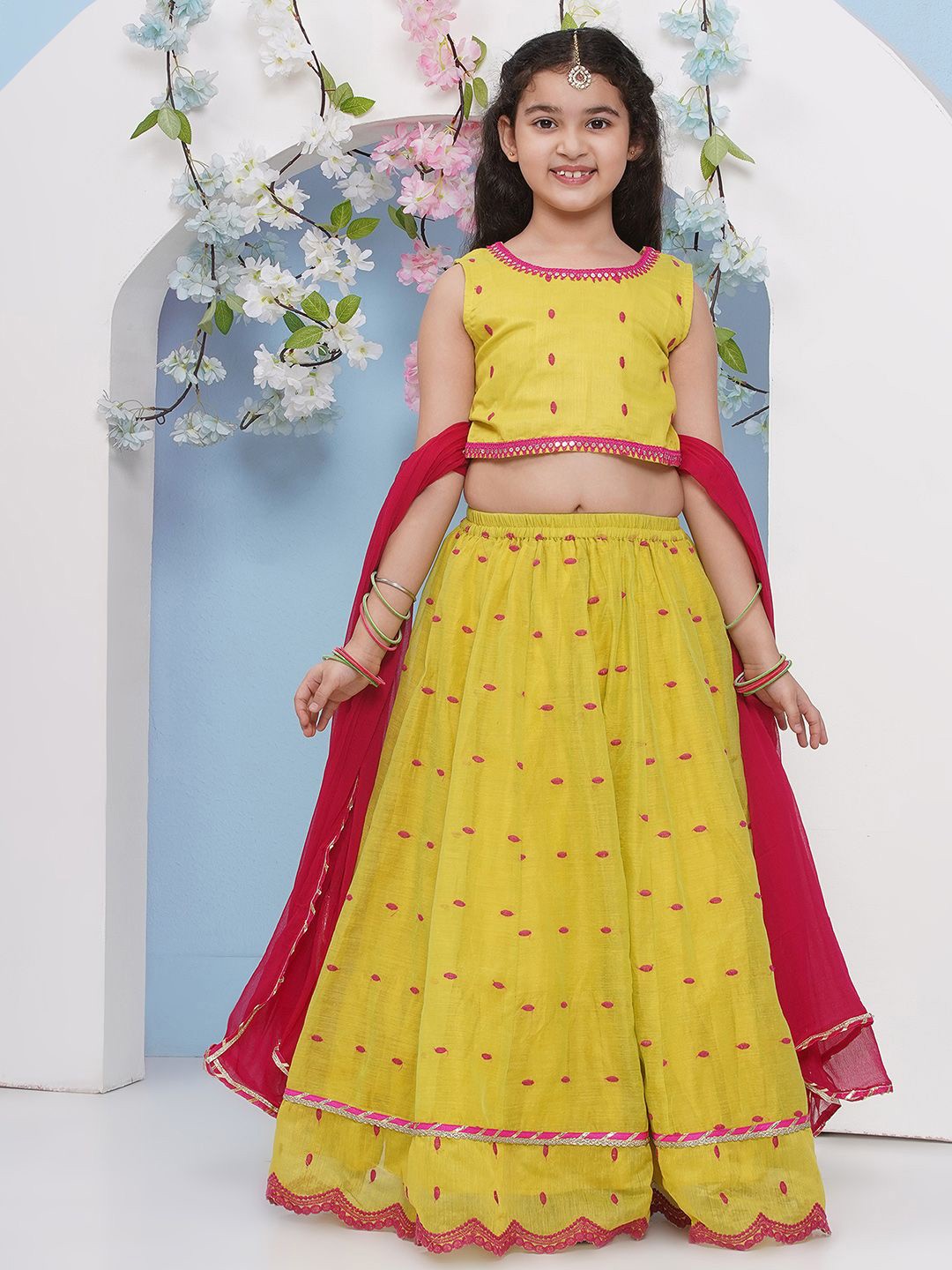 

Bitiya by Bhama Girls Floral Embroidered Ready to Wear Lehenga & Blouse With Dupatta, Lime green