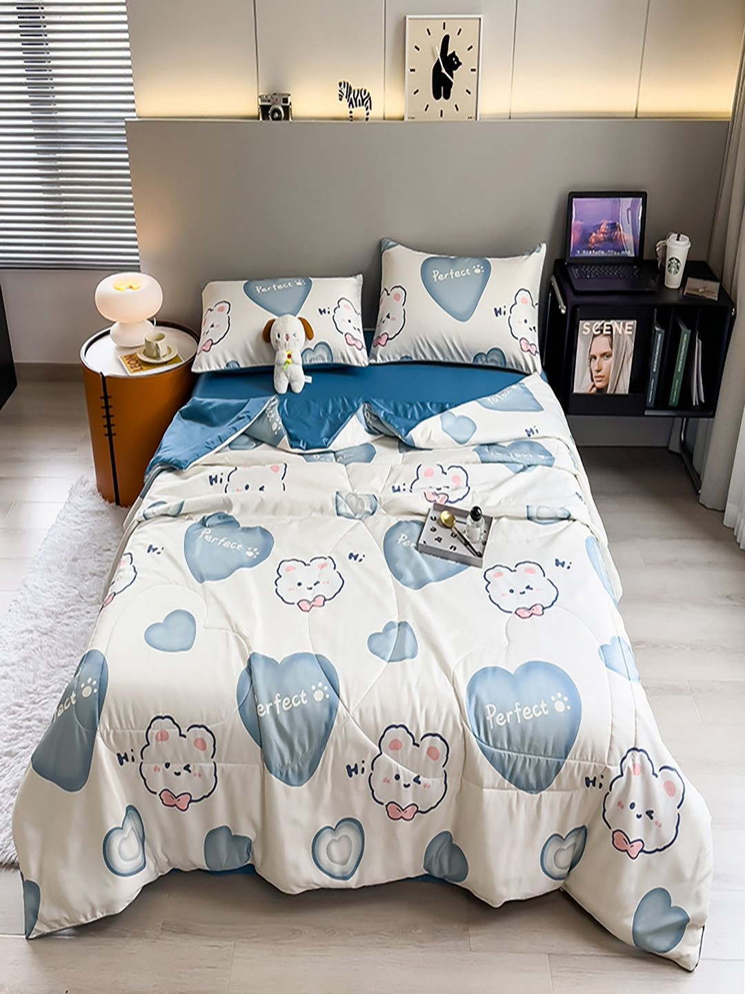 

JC HOME Blue & White Geometric Polycotton 4 Piece Double Queen Regular Bedding Set