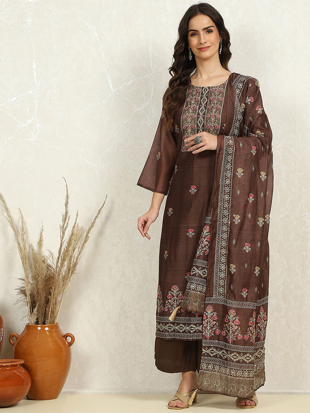 

Biba Floral Printed Unstitched Dress Material, Coffee brown