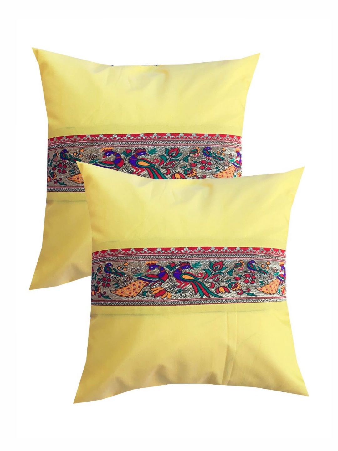 

Pink Parrot Yellow & Red 2 Pieces Ethnic Motifs Zari Work Square Cushion Covers