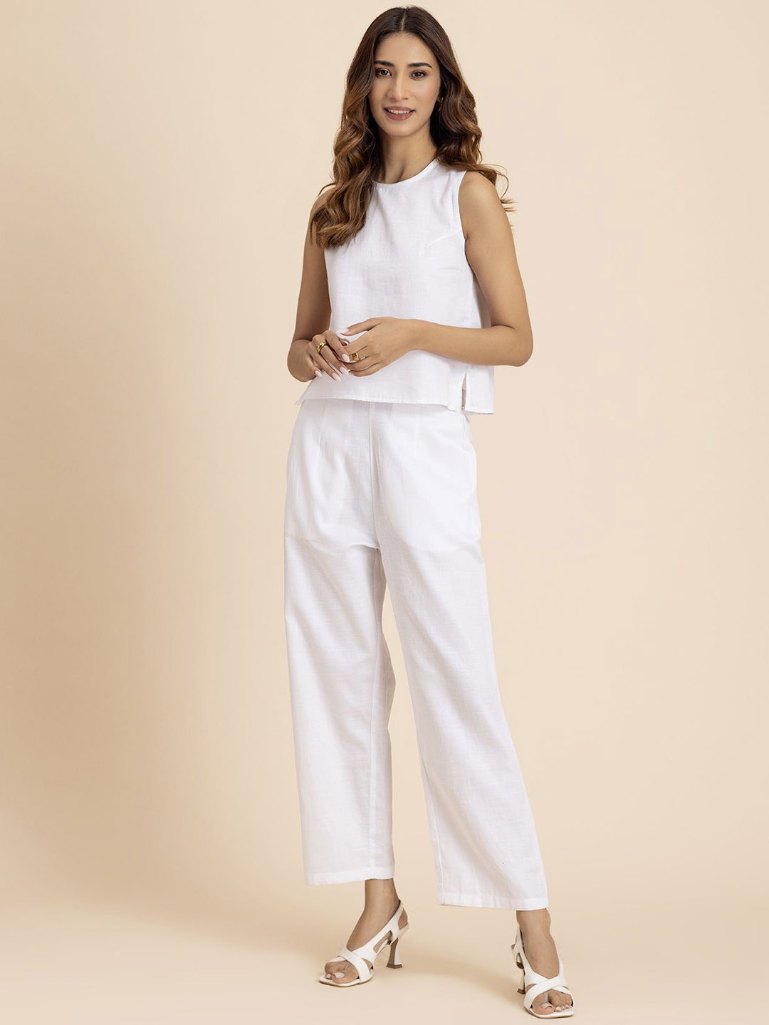 

Moomaya Round Neck Pure Cotton Top With Trousers, White