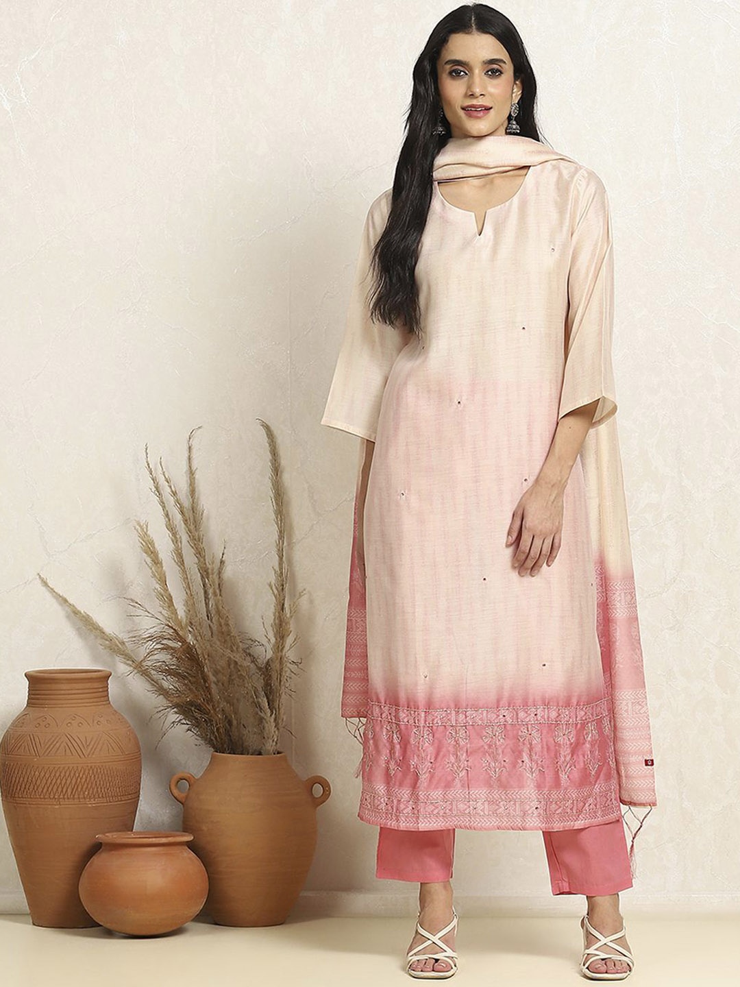 

Biba Abstract Woven Design Mirror Work Unstitched Dress Material, Pink