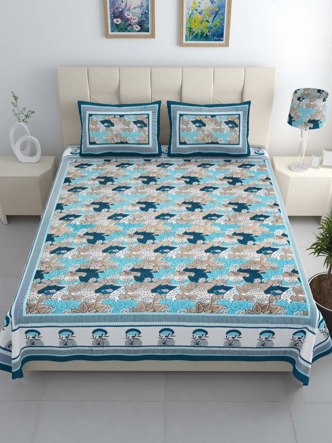 

LIVING ROOTS Blue & White Floral Cotton 210 TC King Bedsheet with 2 Pillow Covers